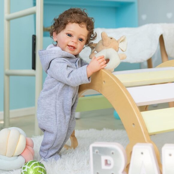 🆕 22 inch Full Body Silicone Boy Toddler Baby Doll Curly Hair with Teeth - Picture 7 of 8